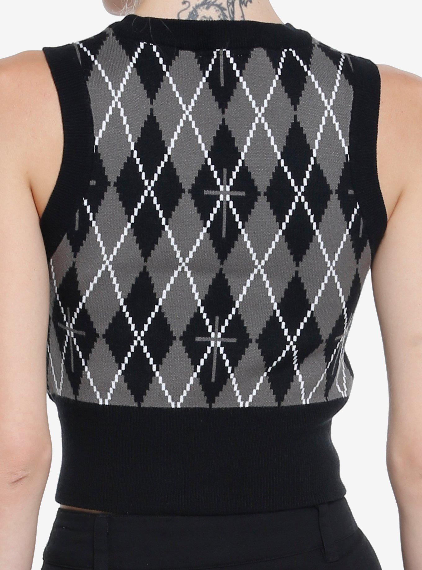 Cosmic Aura Black & Grey Argyle Crop Sweater Vest, MULTI, alternate