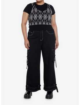 Cosmic Aura Black & Grey Argyle Crop Sweater Vest Plus Size, , hi-res