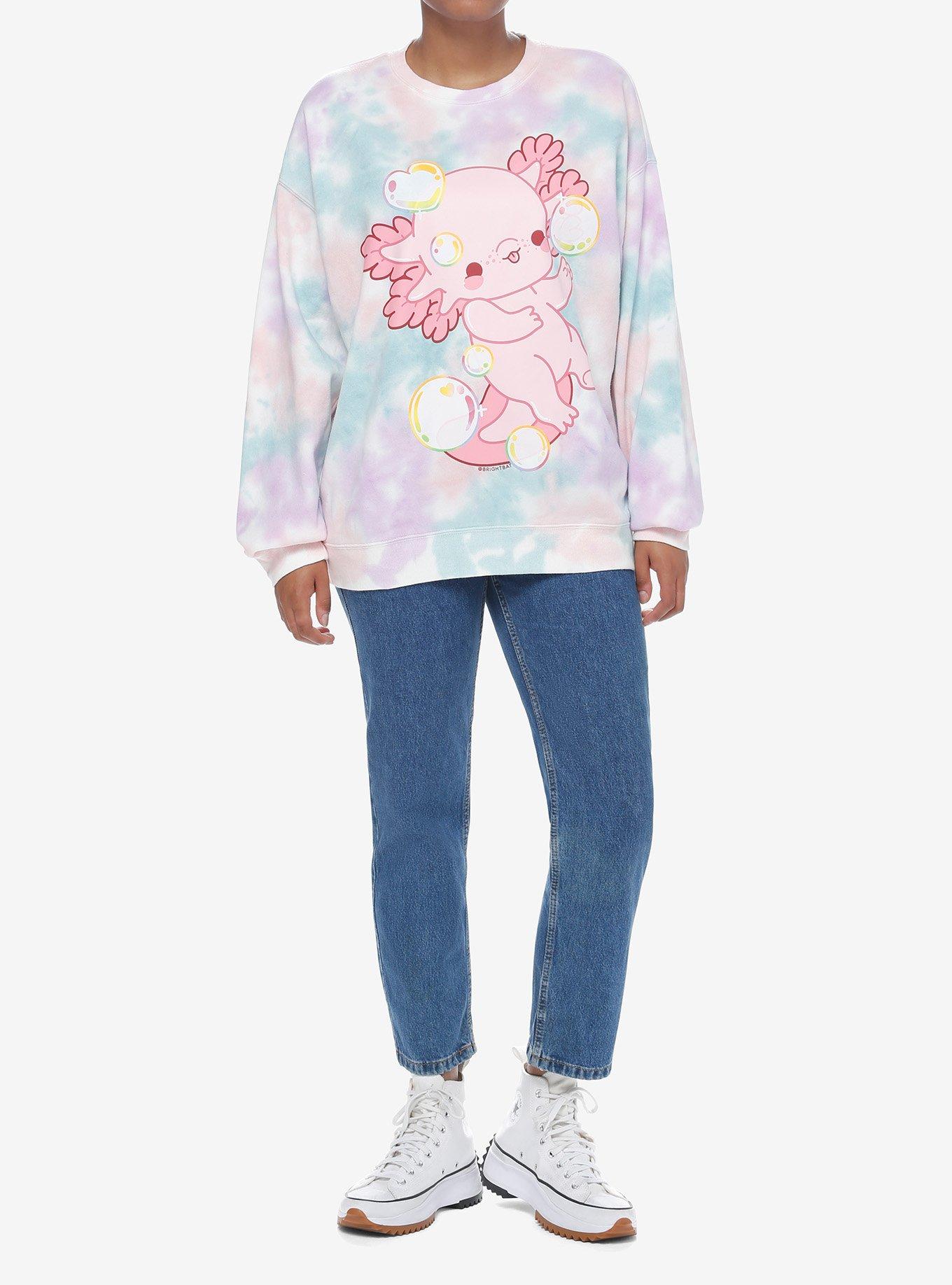 Chibi Axolotl & Rainbow Bubbles Tie-Dye Girls Sweatshirt By Bright Bat Design, MULTI, alternate