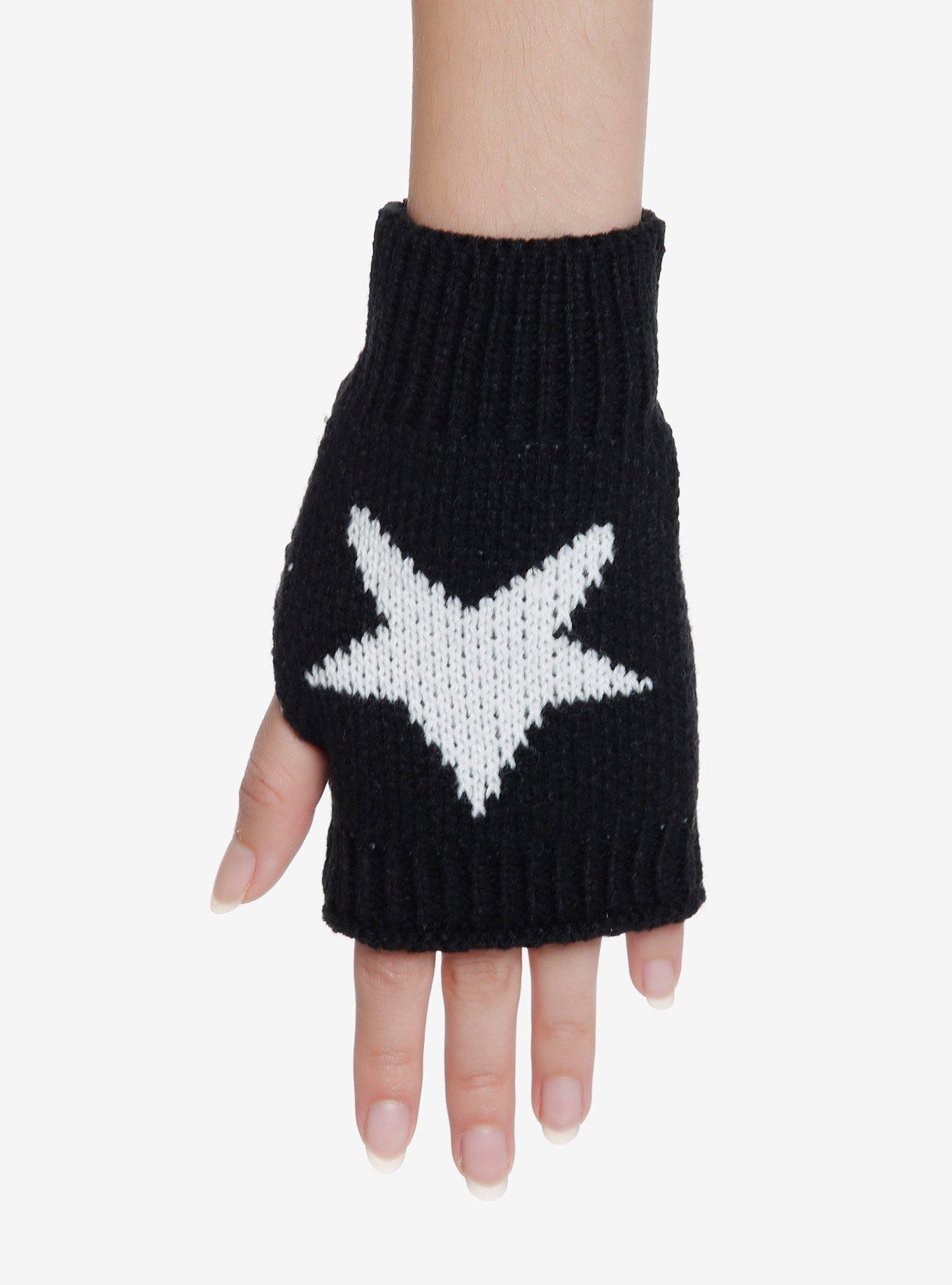 Black & White Star Knit Fingerless Gloves, , alternate
