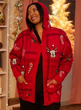 Her Universe Disney Mickey Mouse Holiday Red Plaid Hooded Cardigan Plus Size