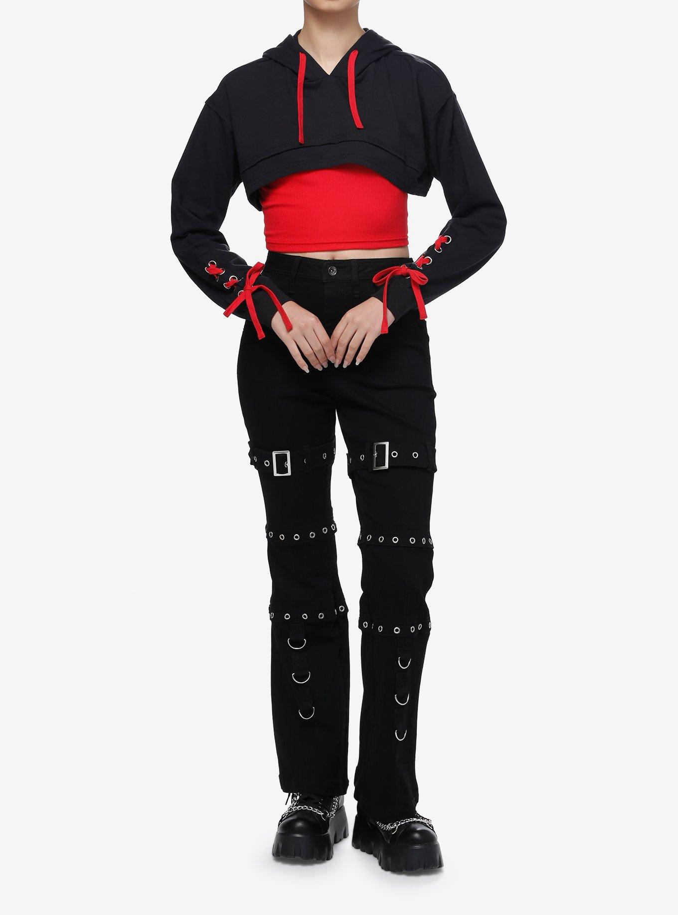 Social Collision Red Lace-Up Girls Crop Hooded Shrug, BLACK, alternate