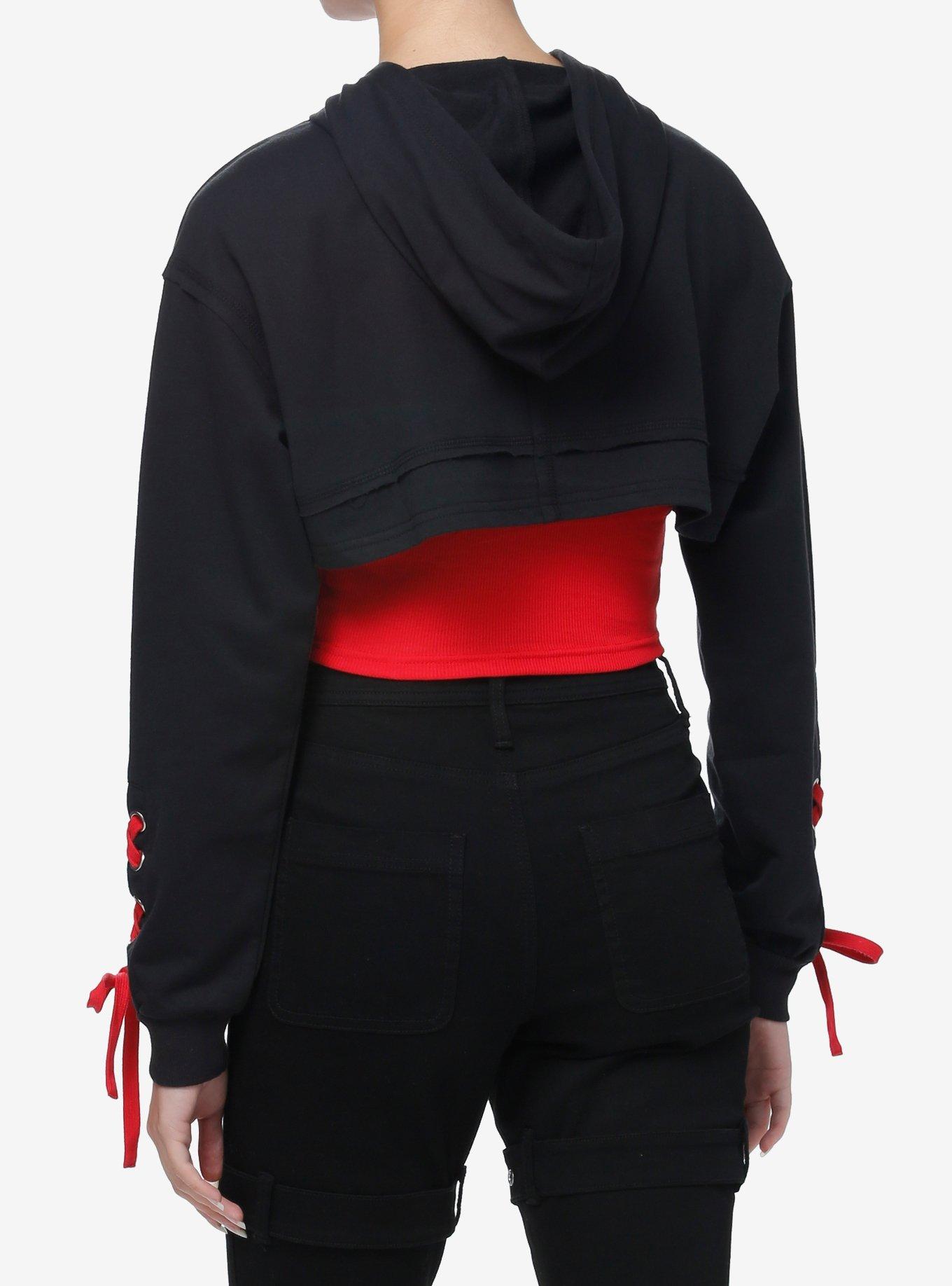 Social Collision Red Lace-Up Girls Crop Hooded Shrug, BLACK, alternate