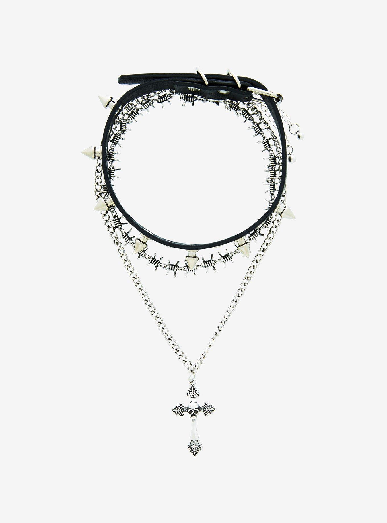 Skull Cross Barbed Wire Choker Necklace Set, , alternate