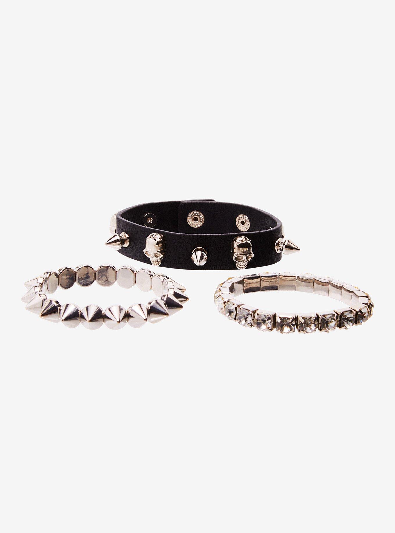 Skull Spike Stud Bling Bracelet Set, , alternate