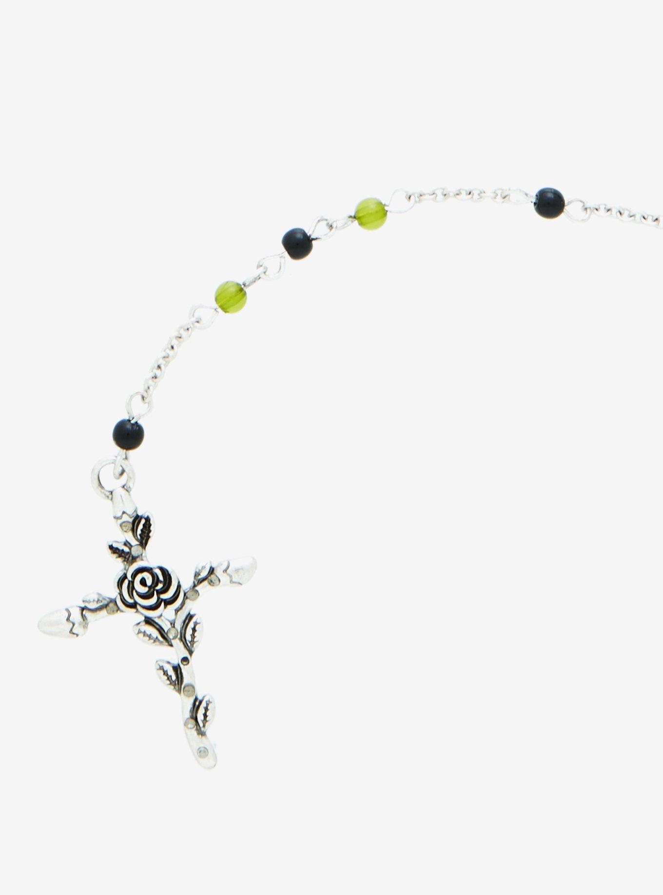 Green Rose Cross Rosary Necklace, , alternate