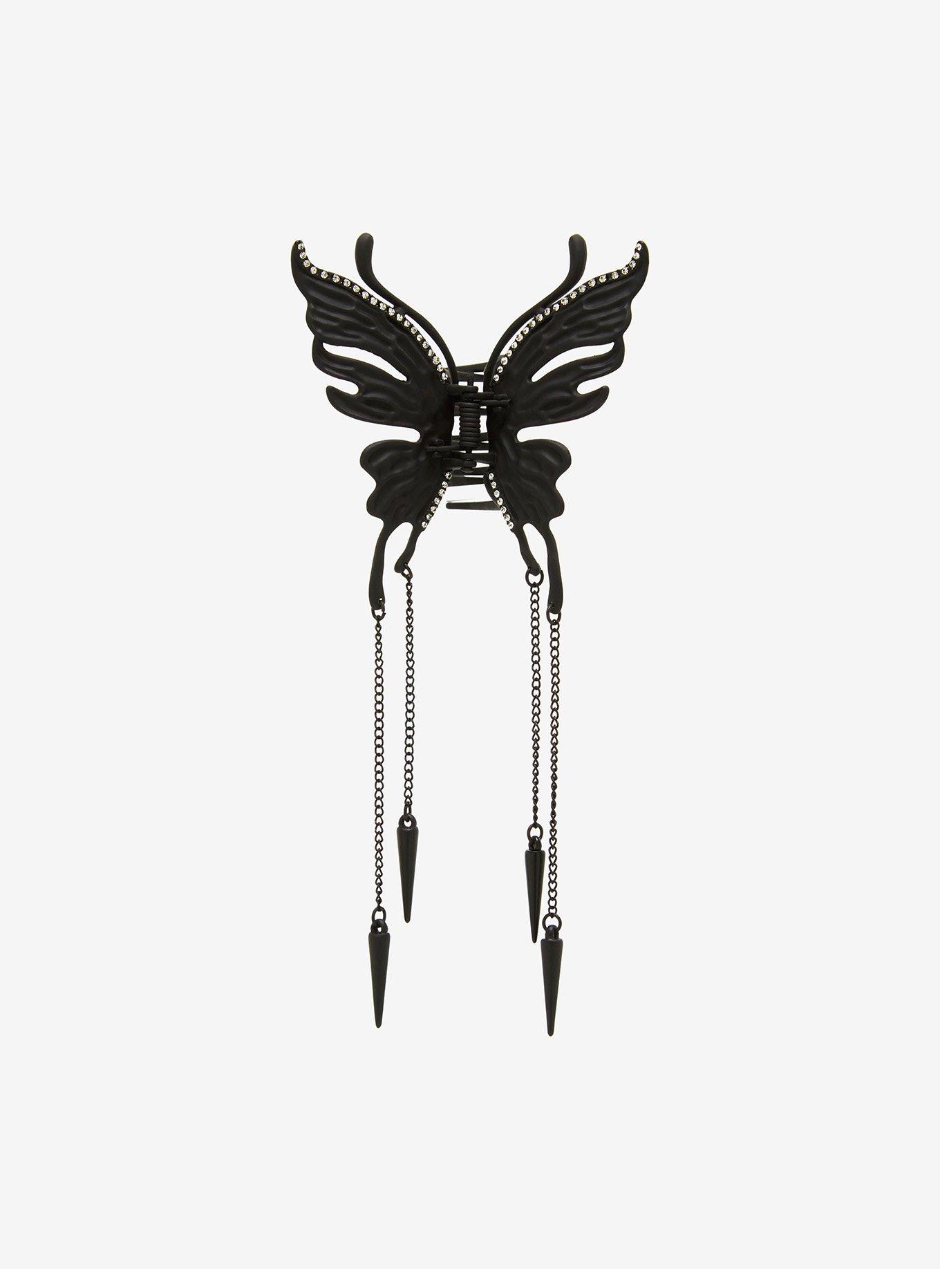 Black Butterfly Dangling Spike Claw Hair Clip, , alternate