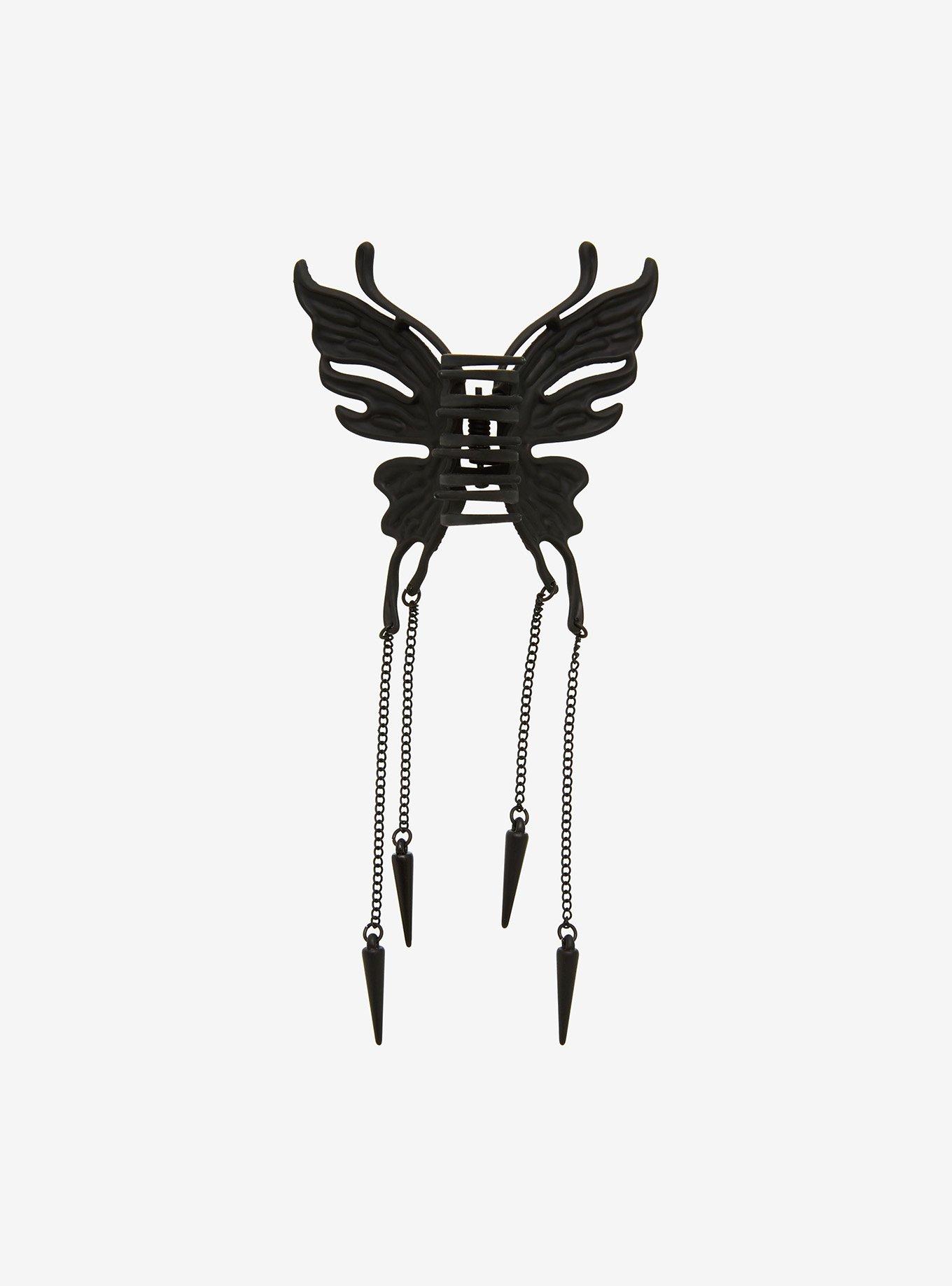 Black Butterfly Dangling Spike Claw Hair Clip, , alternate