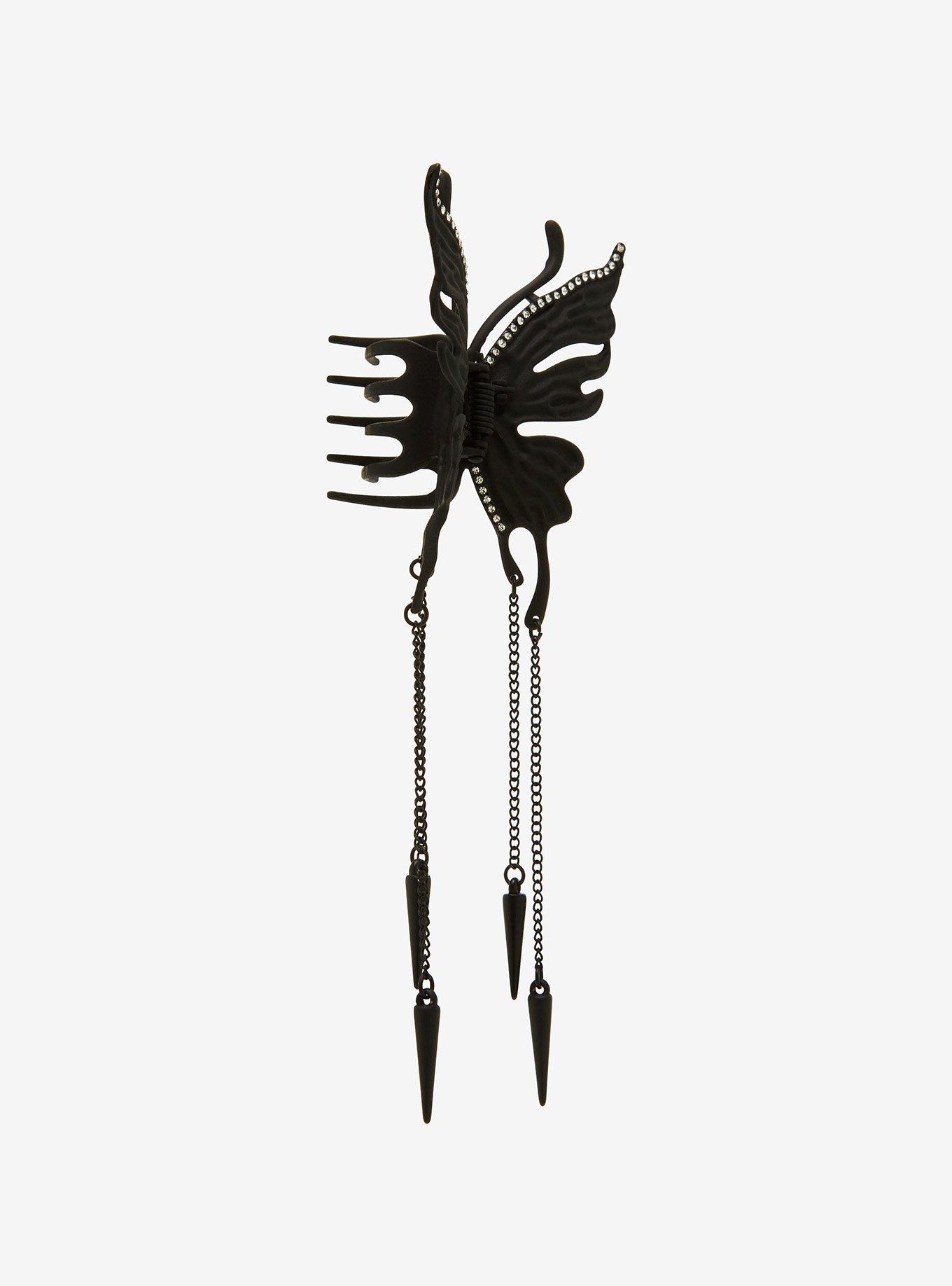 Black Butterfly Dangling Spike Claw Hair Clip, , alternate