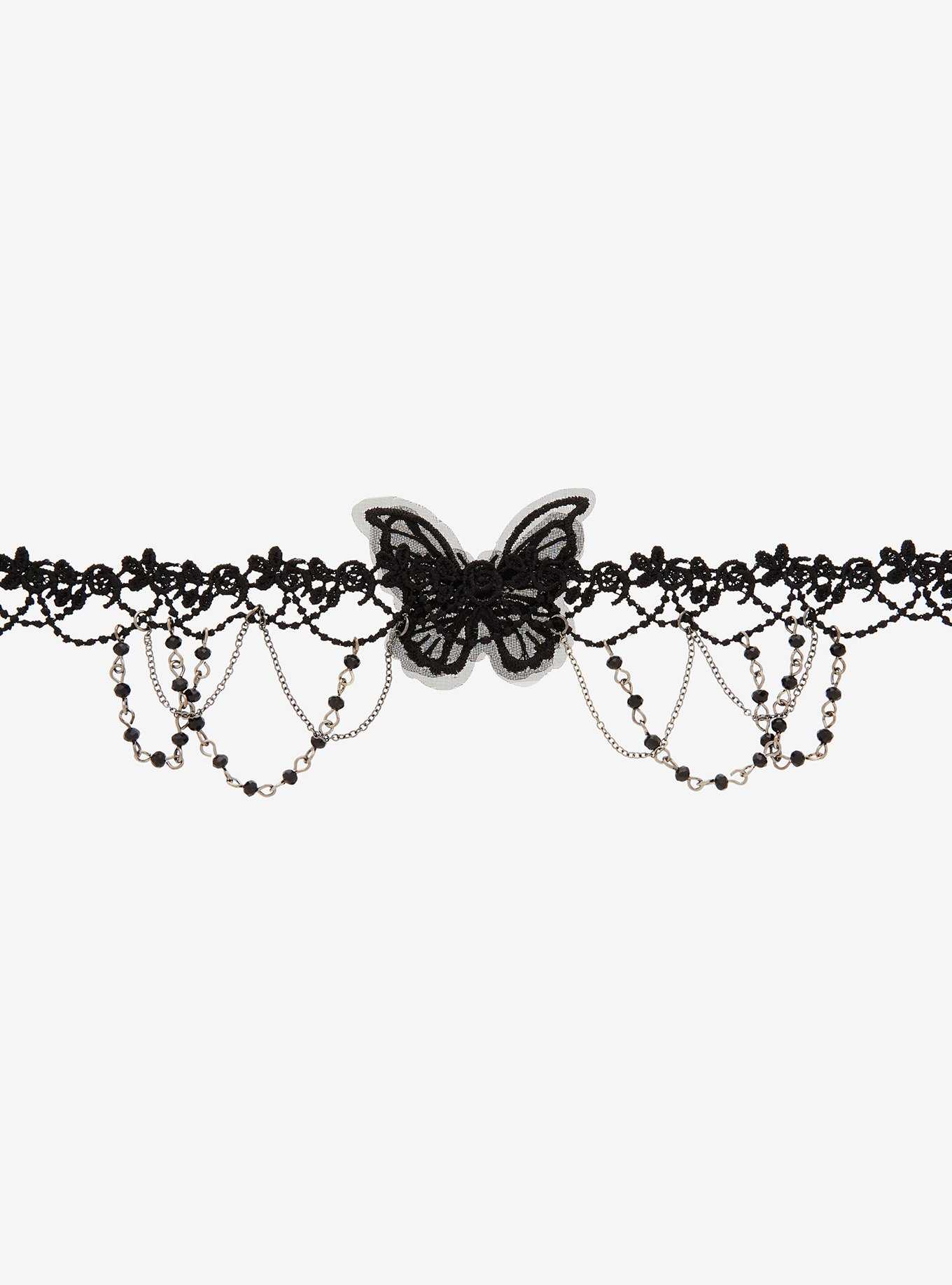 Black Lace Butterfly Beaded Choker, , hi-res