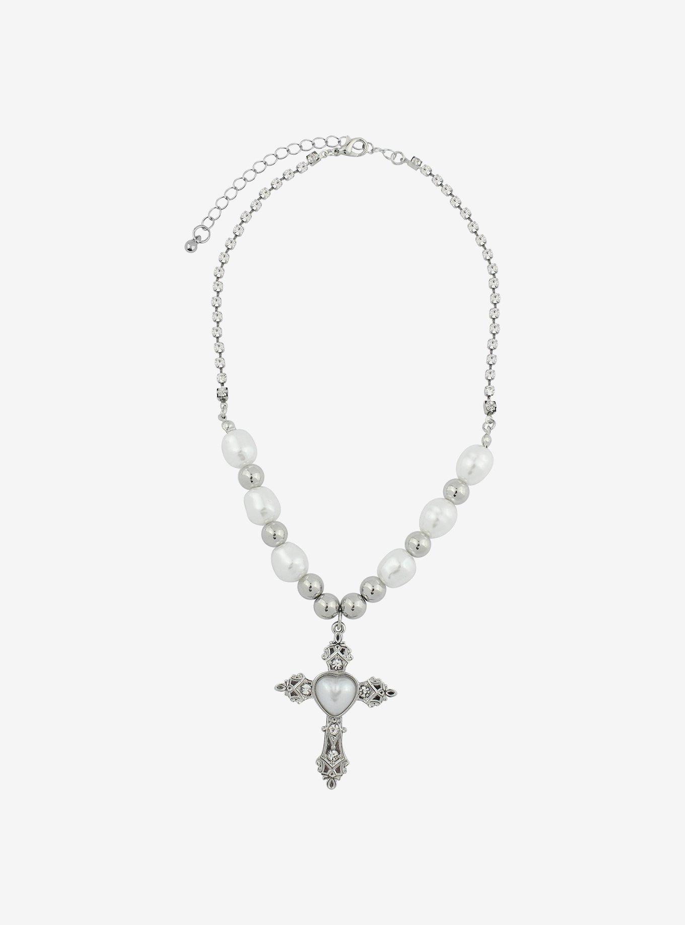 Sweet Society Pearl Cross Choker Necklace, , alternate