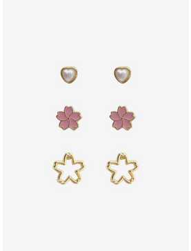 14K Gold Plated Heart Sakura Earring Set, , hi-res
