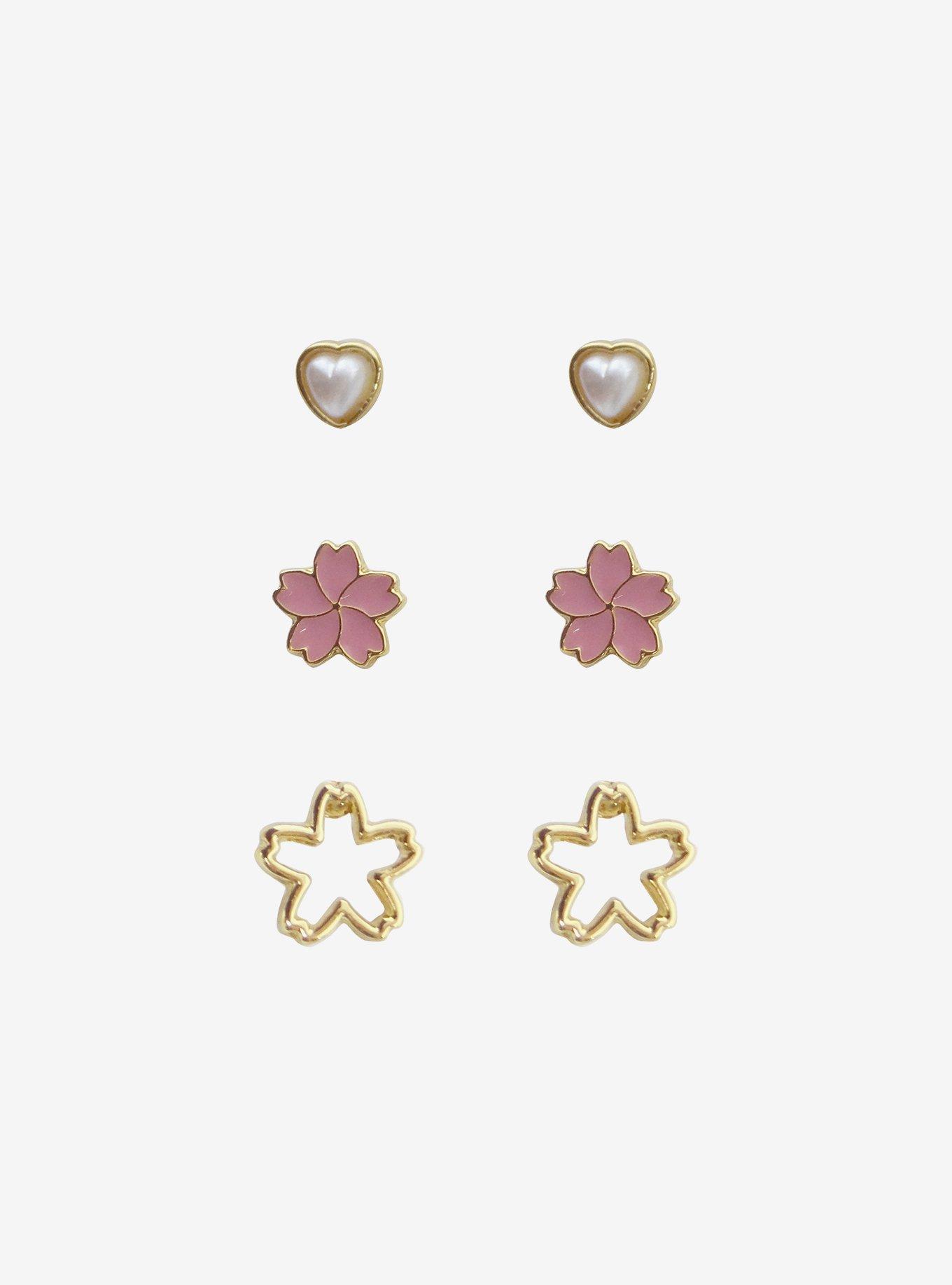 14K Gold Plated Heart Sakura Earring Set, , alternate