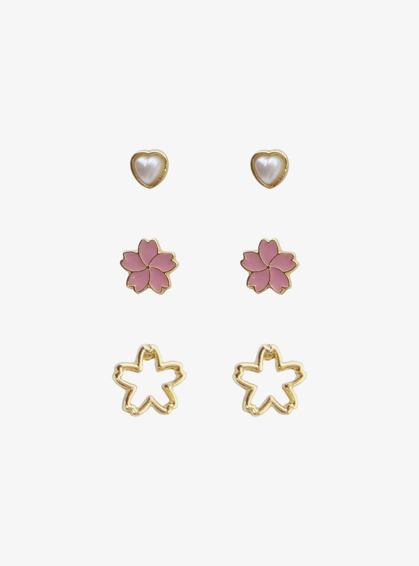 14K Gold Plated Heart Sakura Earring Set, , hi-res