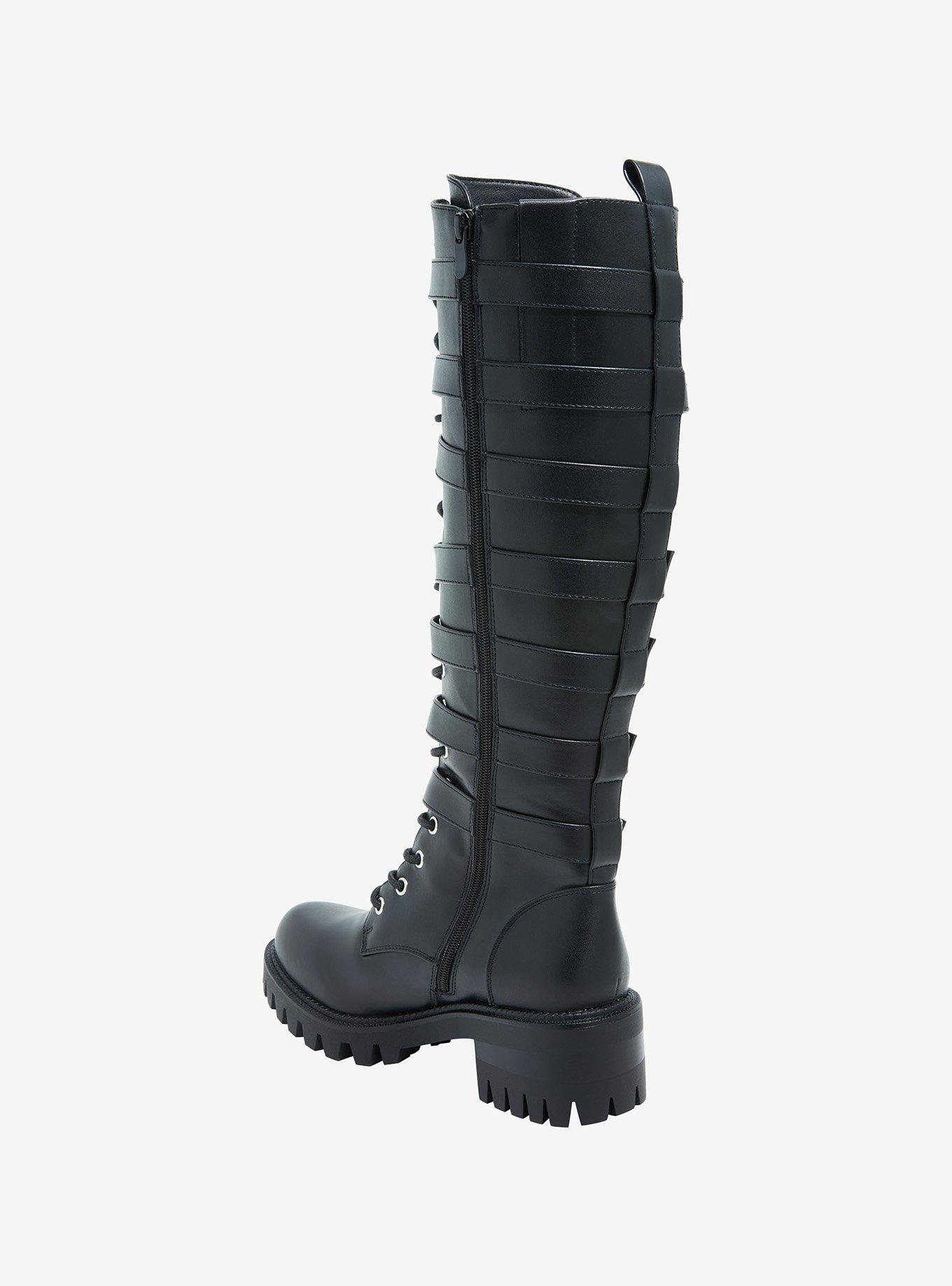Black Multi-Buckle Knee-High Combat Boots, MULTI, alternate