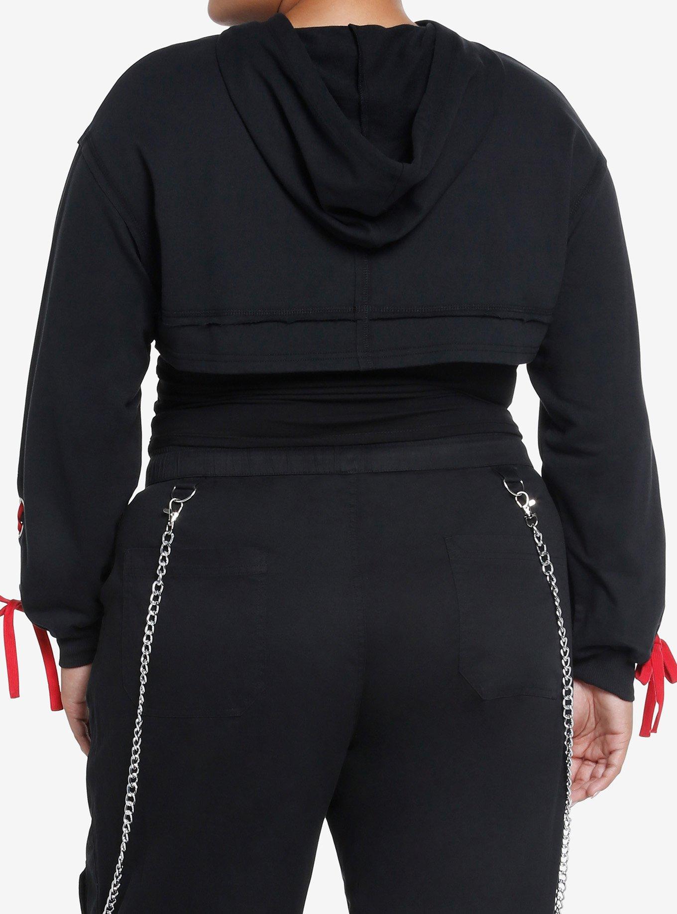 Social Collision Red Lace-Up Girls Crop Hooded Shrug Plus Size, BLACK, alternate