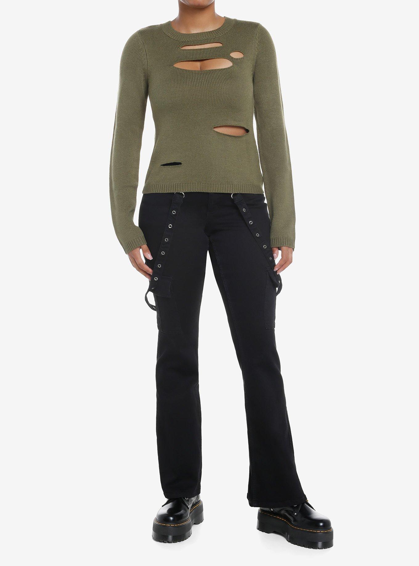 Social Collision Olive Distressed Cutout Girls Sweater, , hi-res