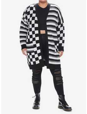 Social Collision Black & White Checkered Stripe Girls Cardigan Plus Size, , hi-res