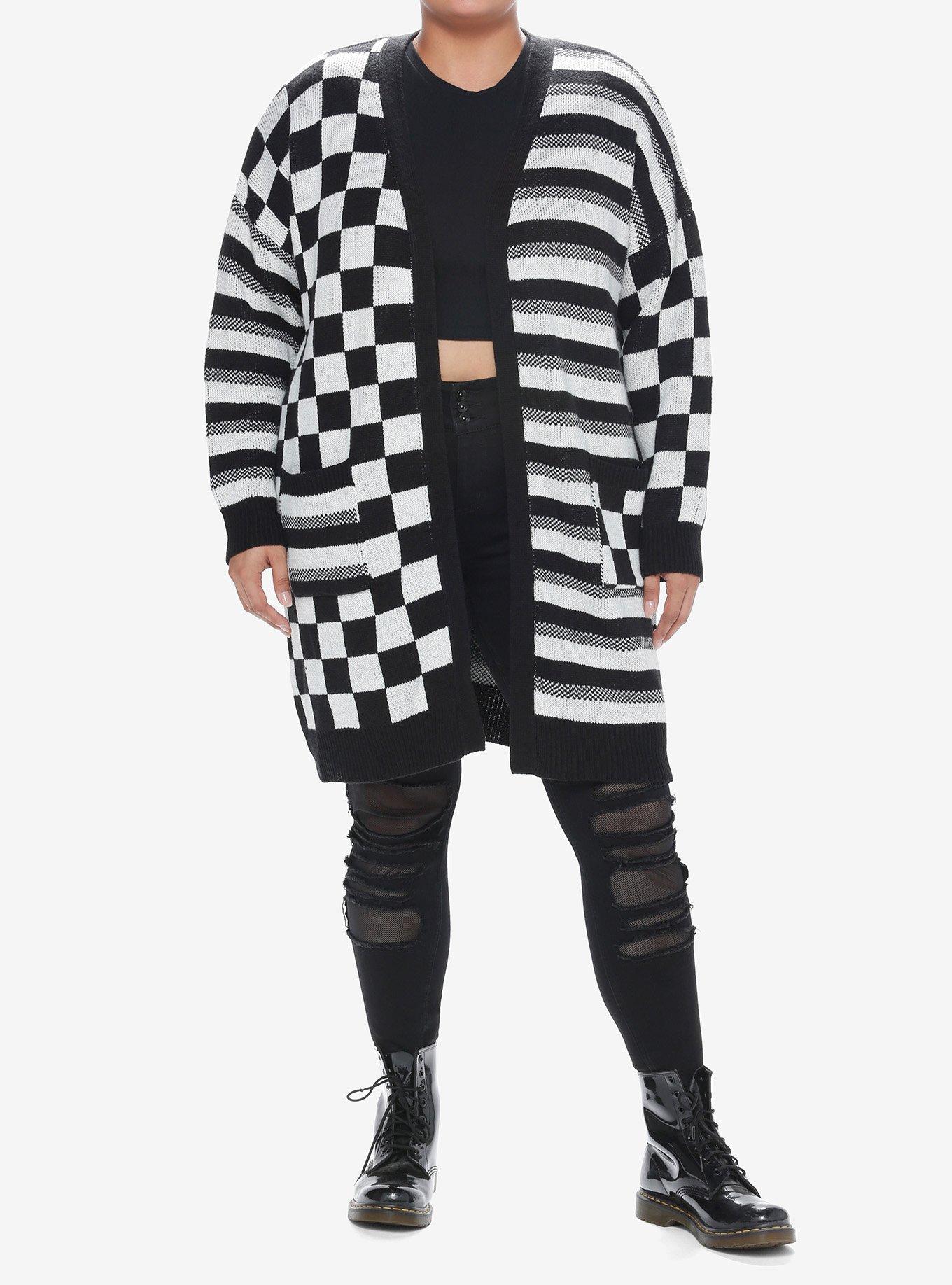 Social Collision Black & White Checkered Stripe Girls Cardigan Plus Size, BLACK WHITE CHECKER, alternate