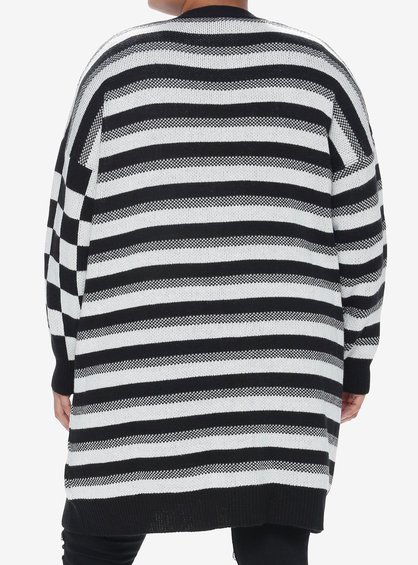Social Collision Black & White Checkered Stripe Girls Cardigan Plus Size, BLACK WHITE CHECKER, alternate