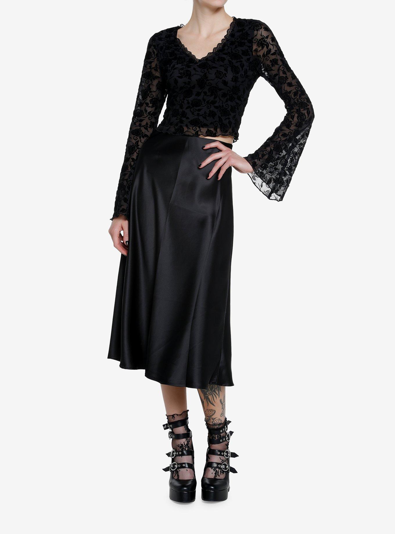 Cosmic Aura Black Rose Flocked Girls Bell Sleeve Top, BLACK, alternate