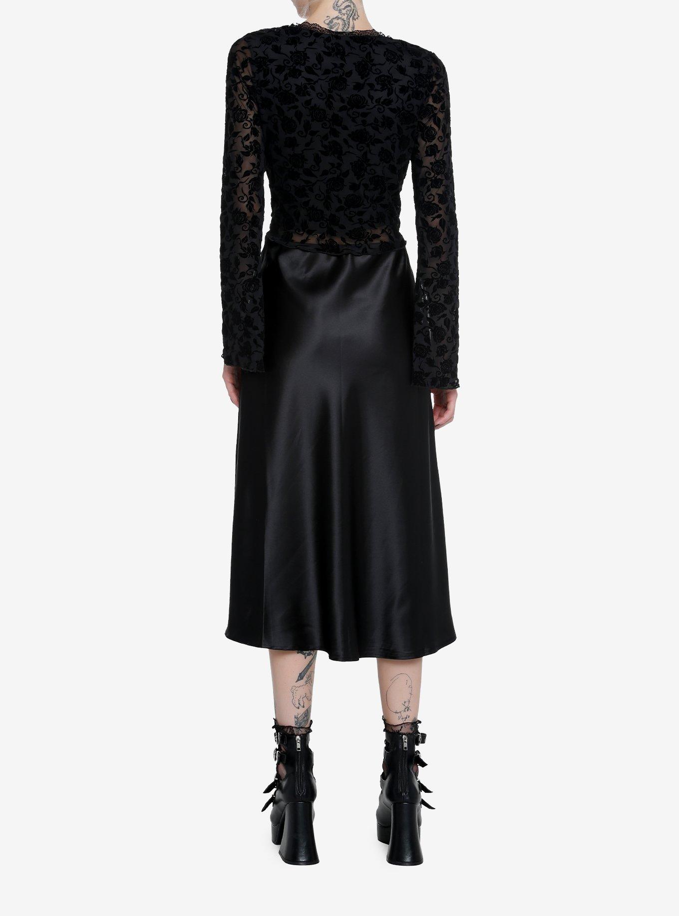 Cosmic Aura Black Rose Flocked Girls Bell Sleeve Top, BLACK, alternate