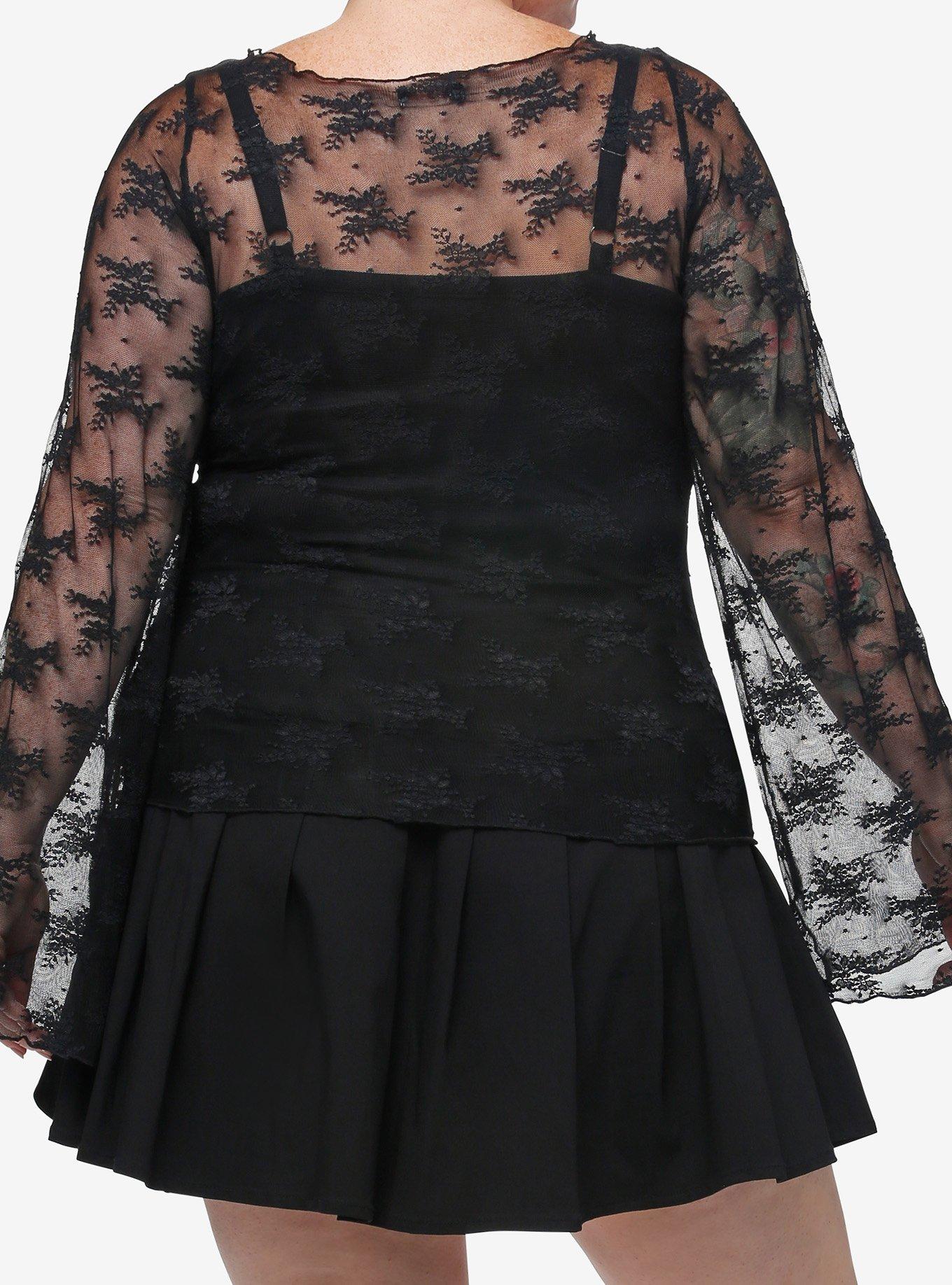 Cosmic Aura Mesh Lace Girls Long-Sleeve Twofer Top Plus Size, BLACK, alternate