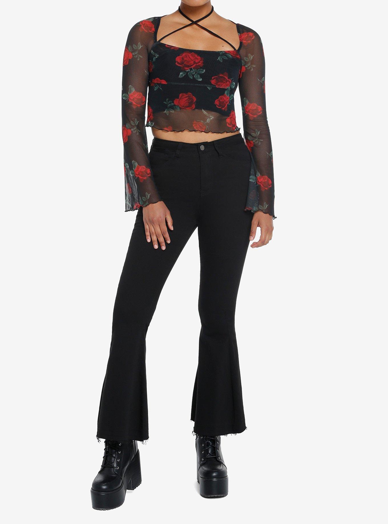 Social Collision Red Rose Mesh Girls Long-Sleeve Top, , hi-res