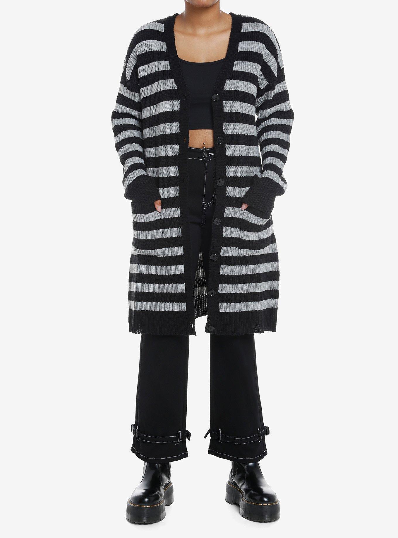 Social Collision Black & Grey Stripe Girls Cardigan, CHARCOAL, alternate