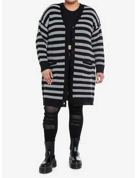 Social Collision Black & Grey Stripe Girls Cardigan Plus Size, , hi-res