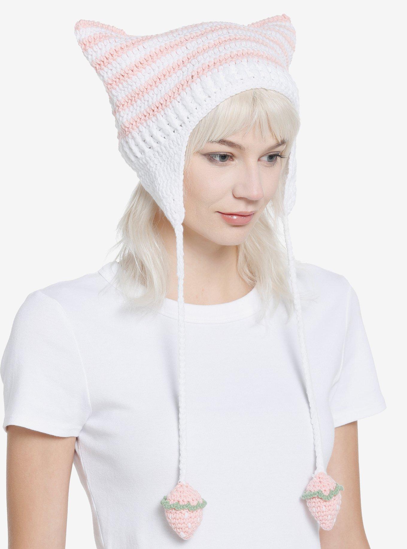 Pink & White Cat Ear Strawberry Tassel Beanie, , alternate