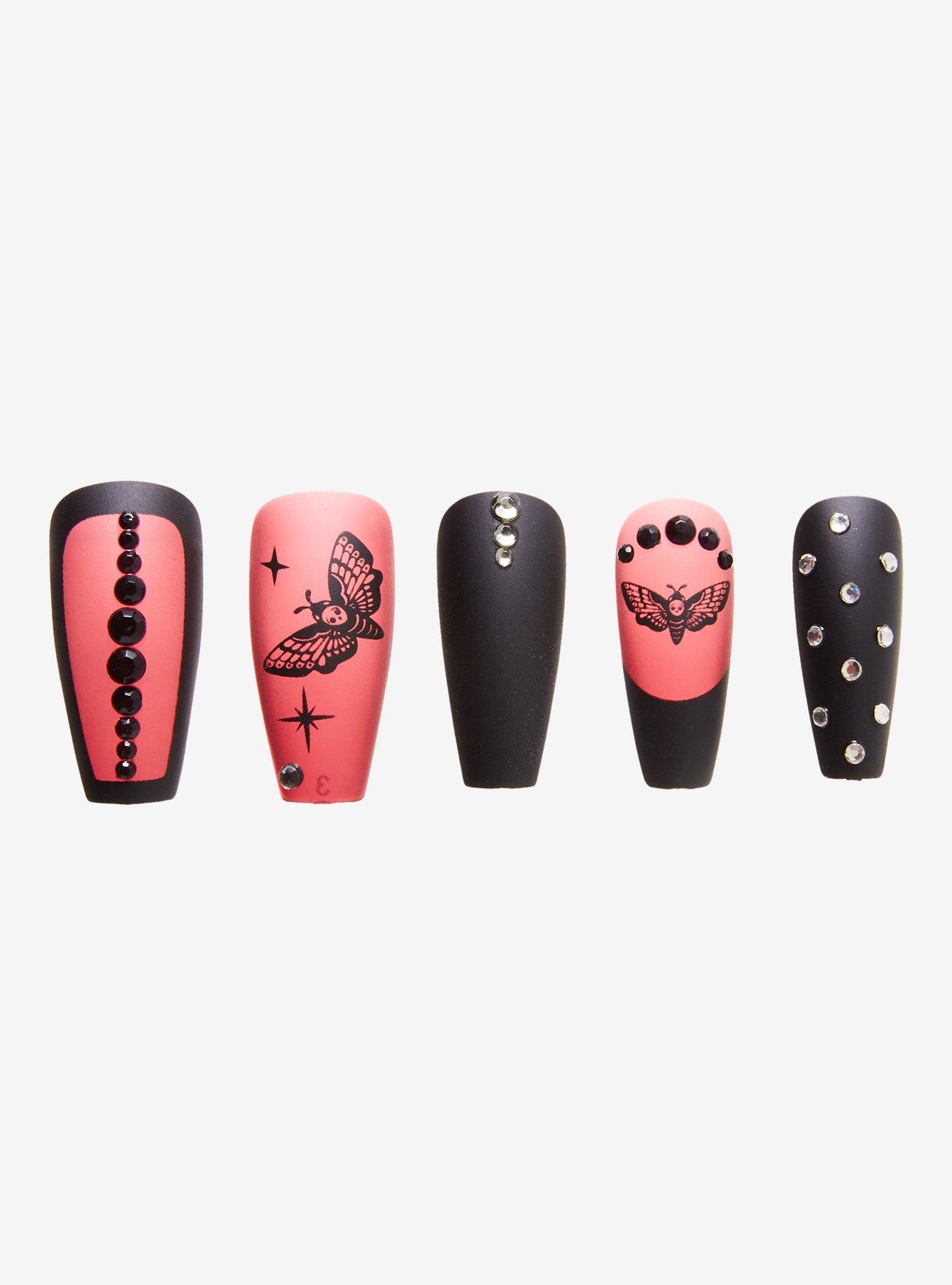 Blackheart Death's-Head Moth Rhinestone Faux Nail Set, , alternate