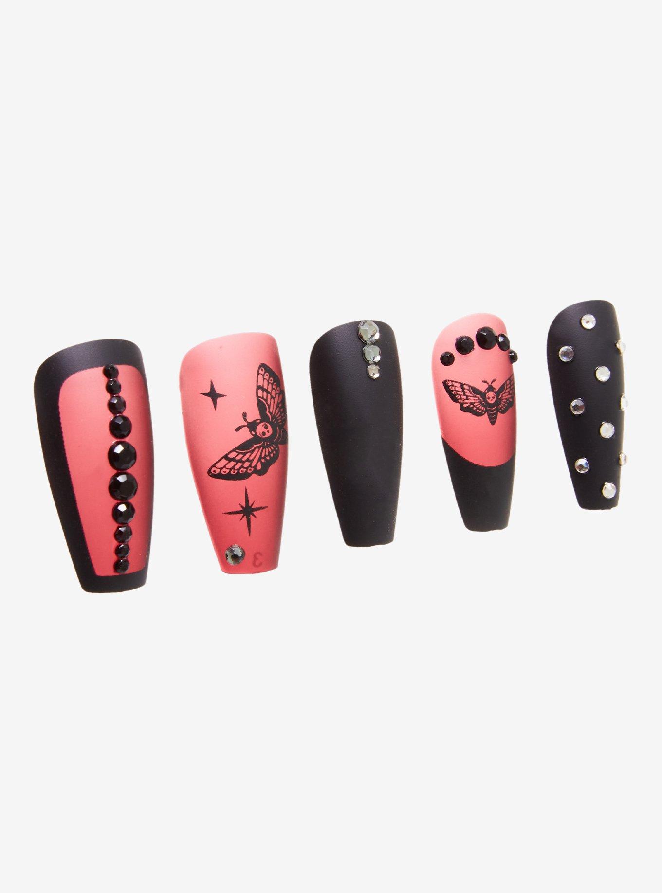 Blackheart Death's-Head Moth Rhinestone Faux Nail Set, , alternate