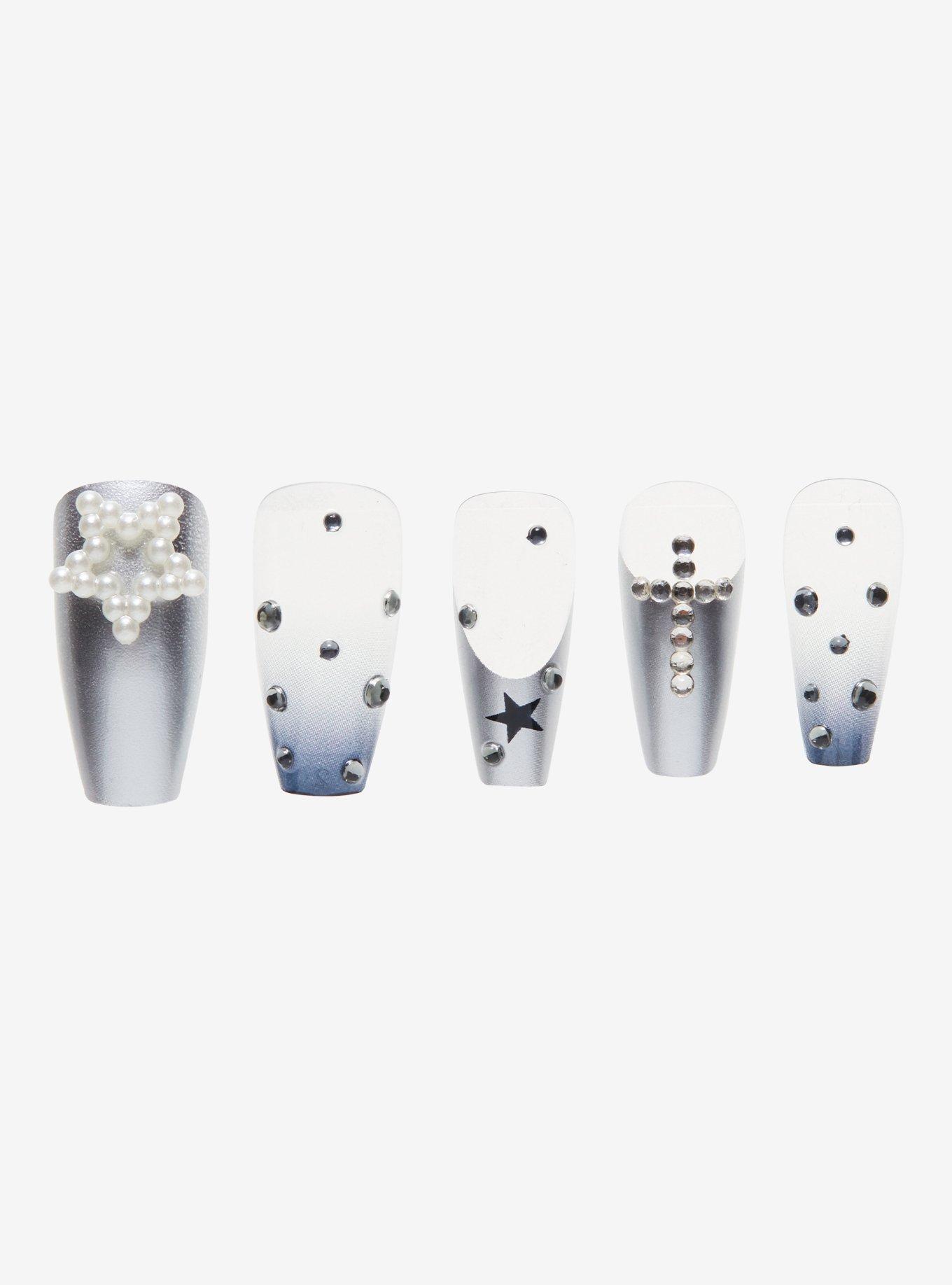 Blackheart Silver Star Gem Faux Nail Set, , hi-res