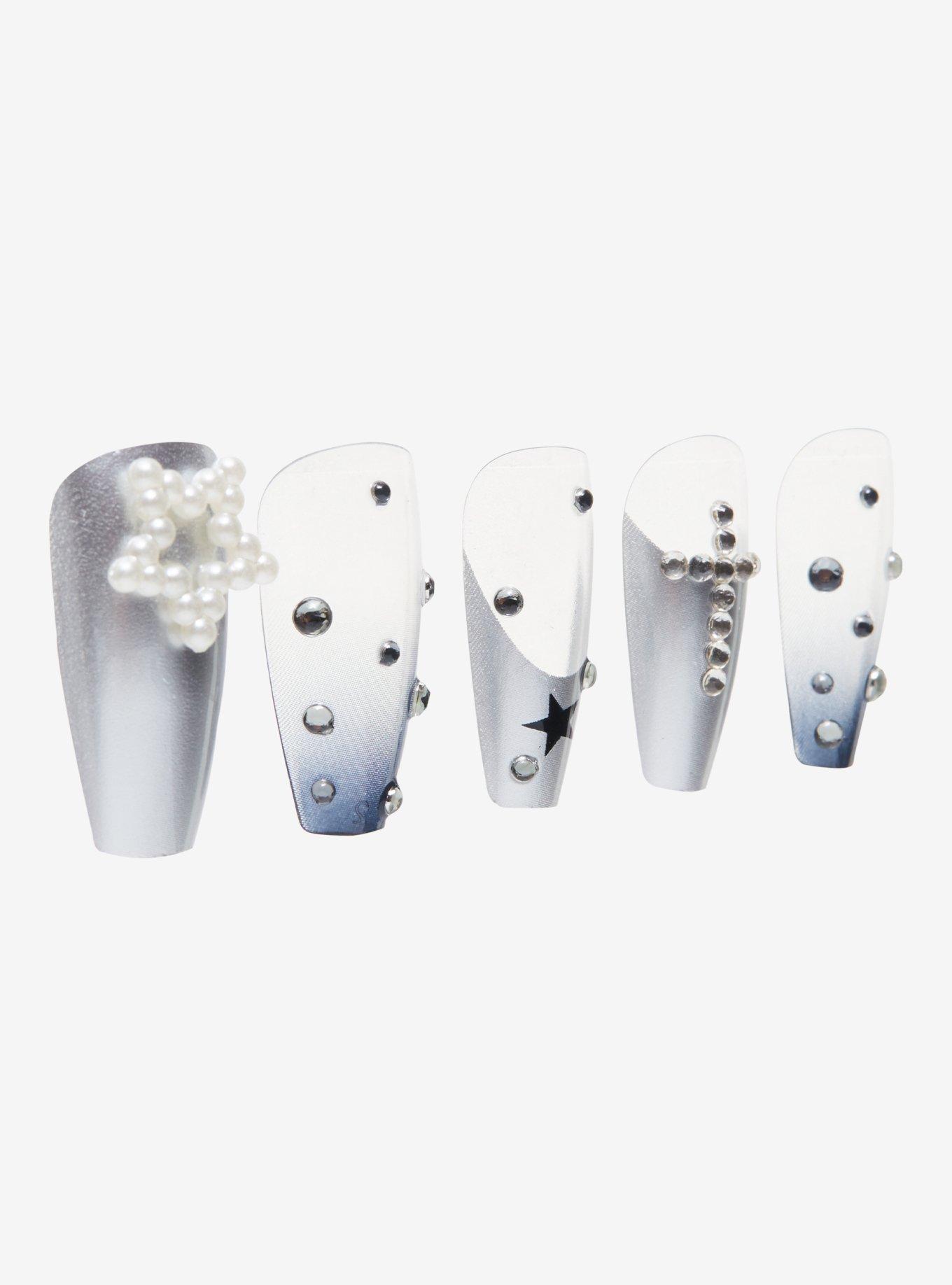 Blackheart Silver Star Gem Faux Nail Set, , alternate