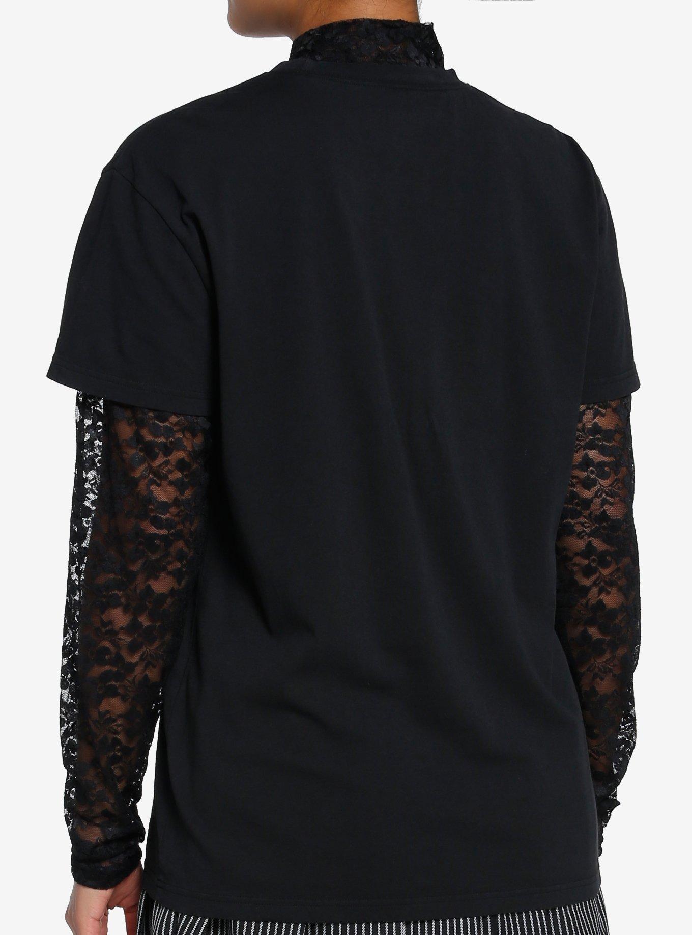 Skull Roots Lace Girls Long-Sleeve Twofer T-Shirt By Ghoulish Bunny Studios, BLACK, alternate