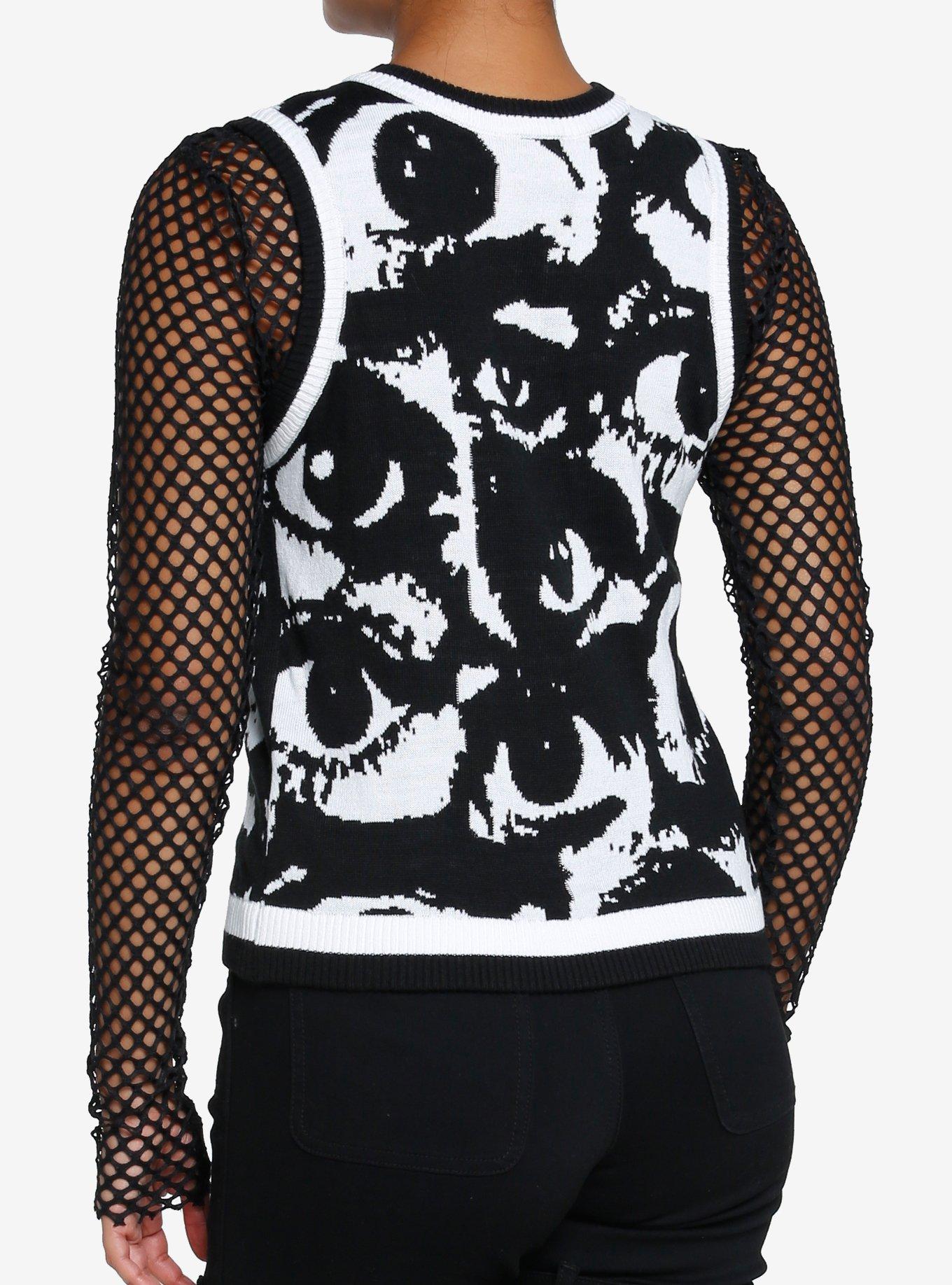 Black & White Allover Eyes Girls Sweater Vest, BLACK, alternate