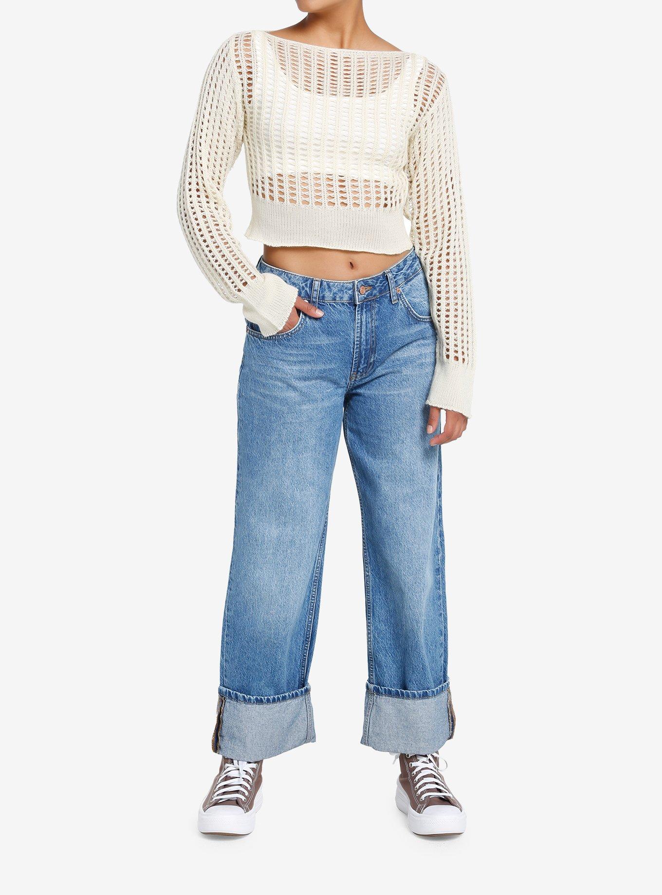 Cream Open Knit Crop Girls Sweater, WHITE, alternate