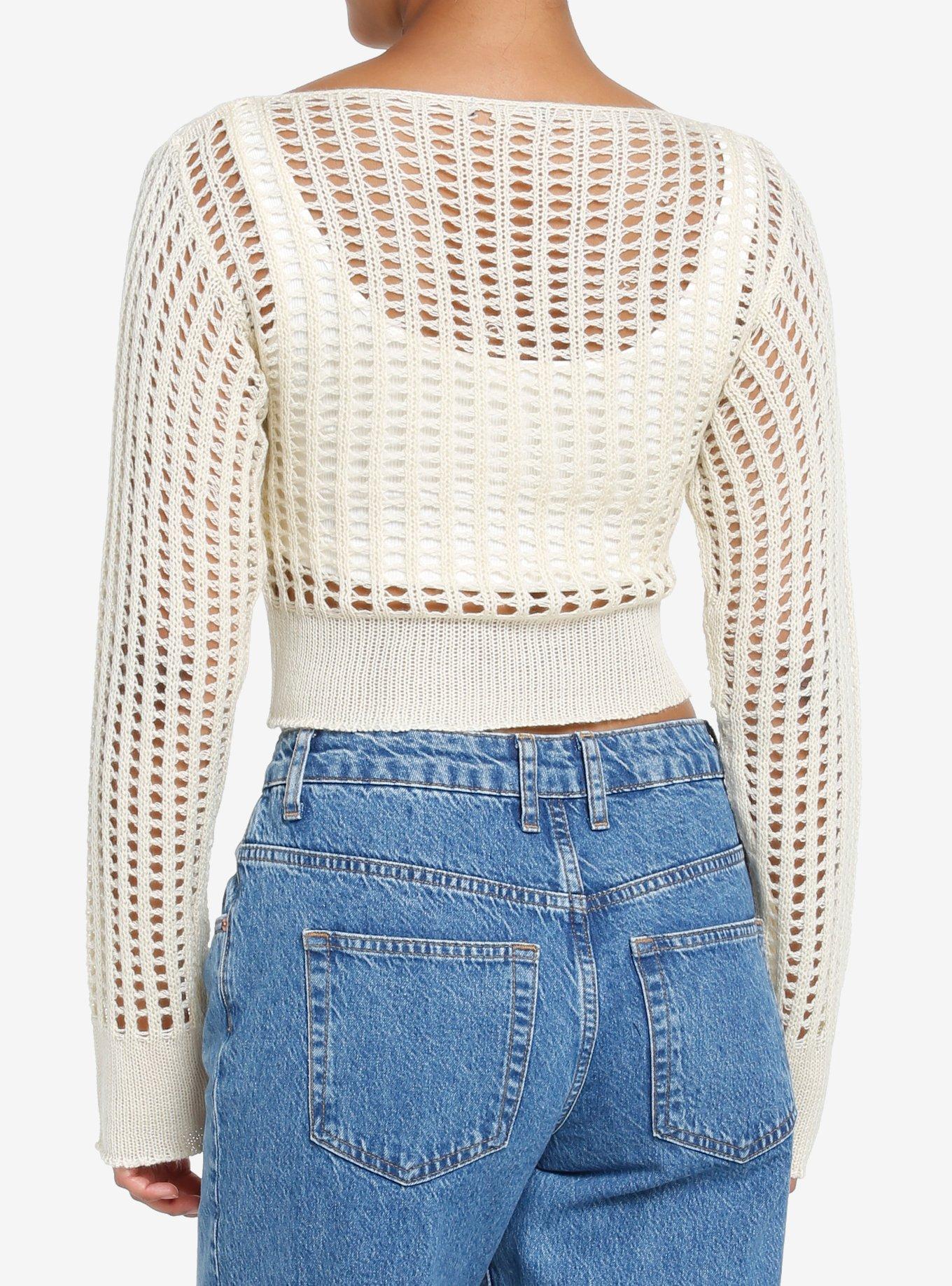 Cream Open Knit Crop Girls Sweater, WHITE, alternate