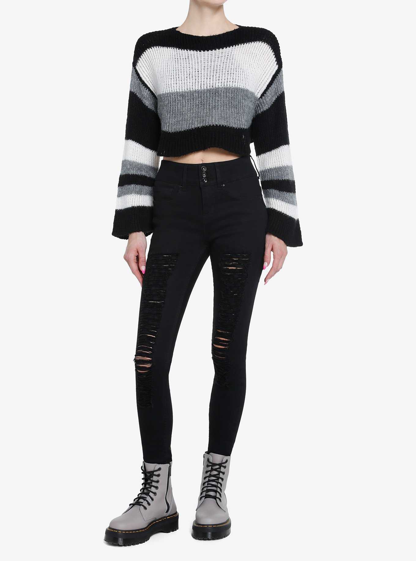 Social Collision Black & Grey Stripe Knit Girls Sweater, , hi-res