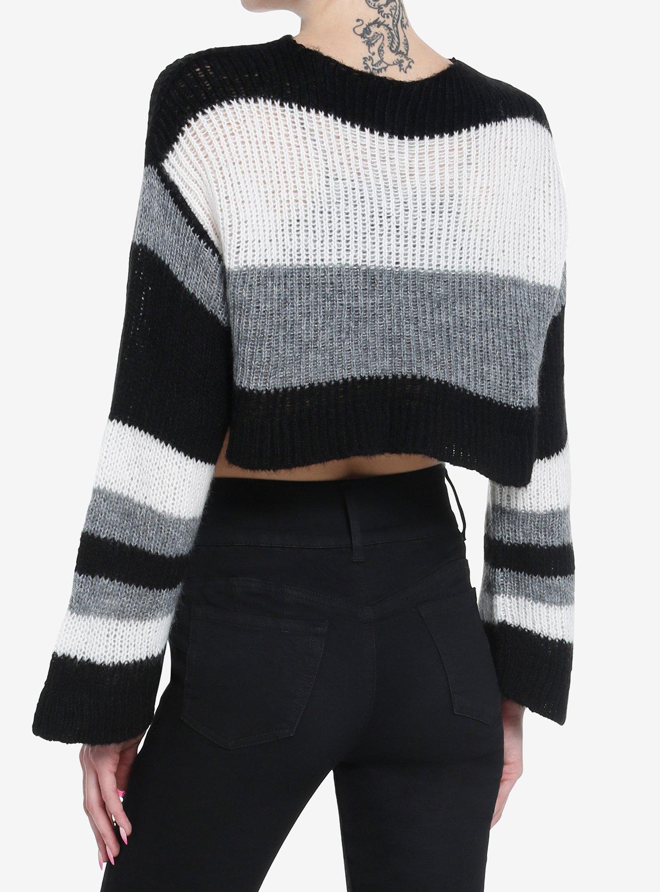 Social Collision Black & Grey Stripe Knit Girls Sweater, STRIPES-GREY, alternate