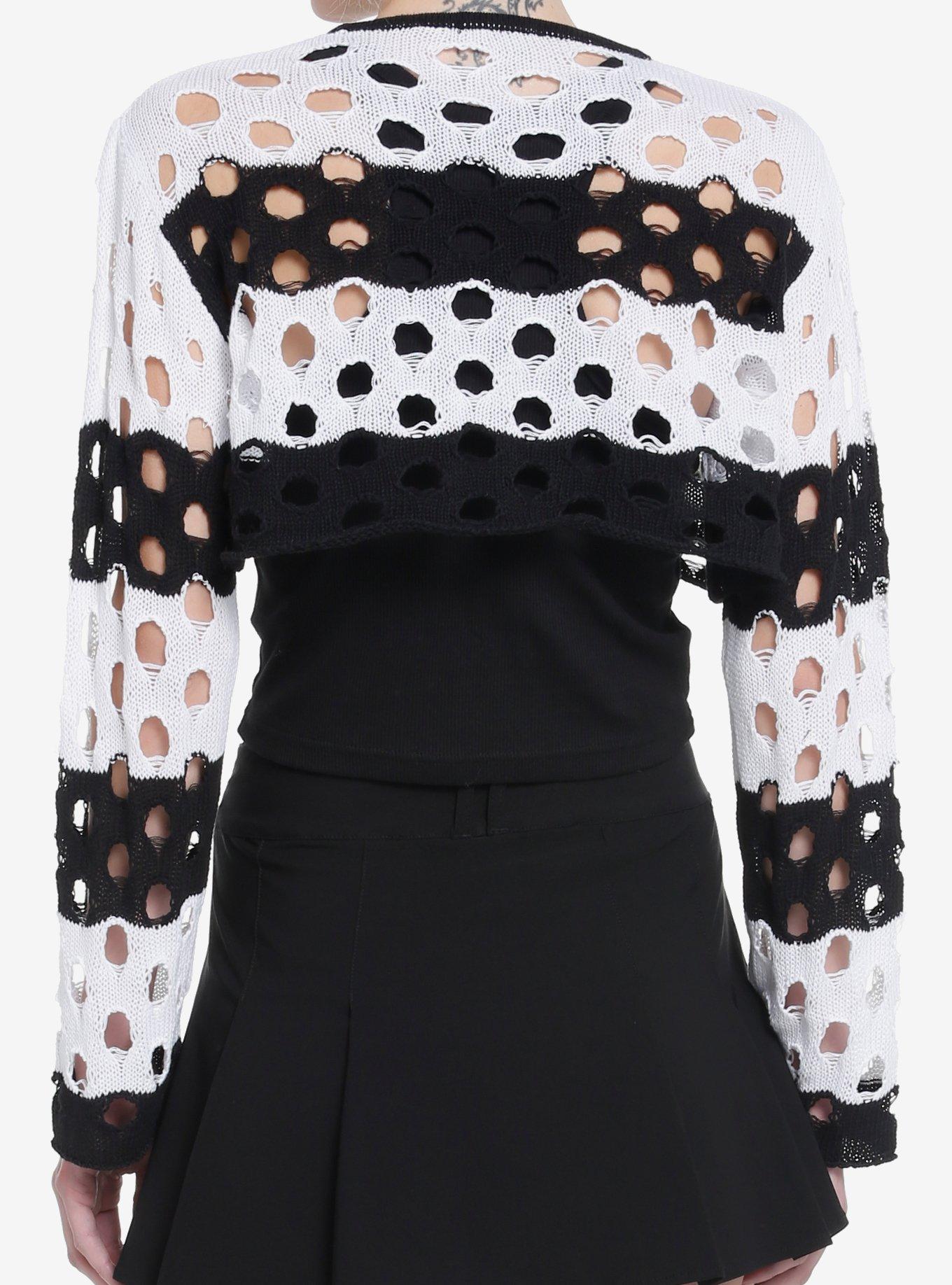 Black & White Striped Open Knit Girls Crop Sweater