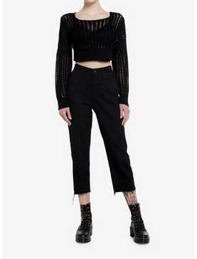 Black Open Knit Girls Crop Sweater, , hi-res