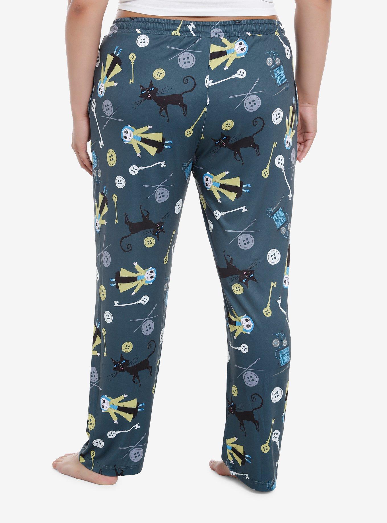 Coraline Buttons Girls Pajama Pants Plus Size, GREY, alternate