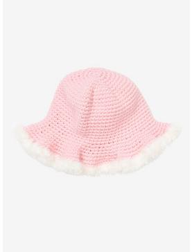 Pink Crochet White Fur Trim Bucket Hat, , hi-res