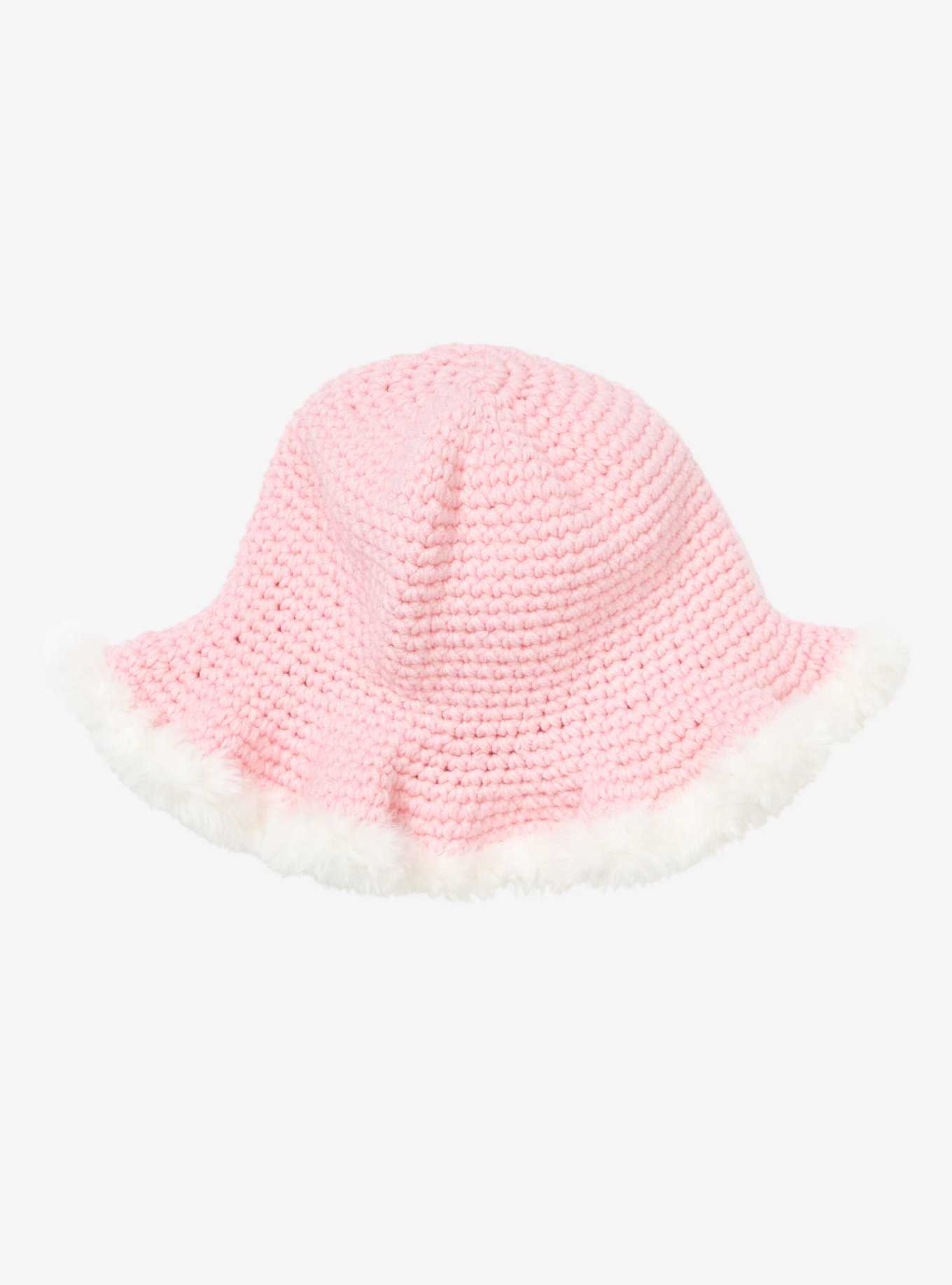 Pink Crochet White Fur Trim Bucket Hat, , hi-res