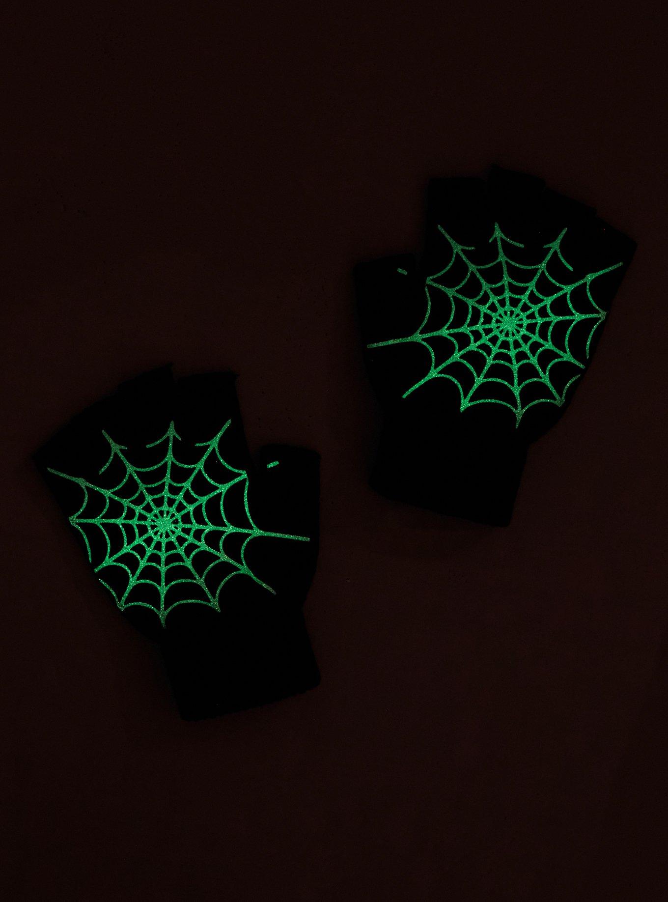 Black Spider Web Glow-In-The-Dark Fingerless Gloves, , alternate