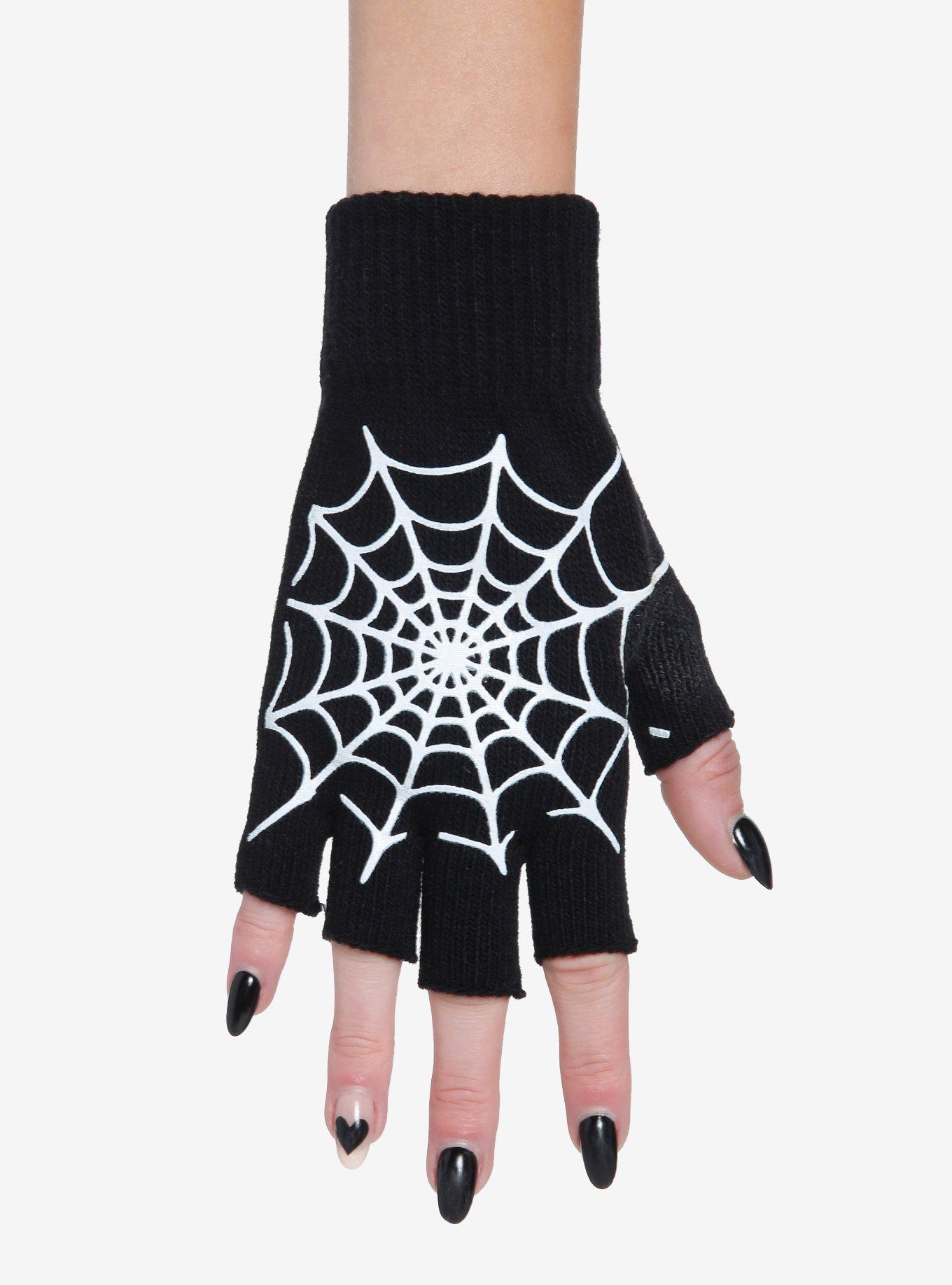 Black Spider Web Glow-In-The-Dark Fingerless Gloves, , alternate