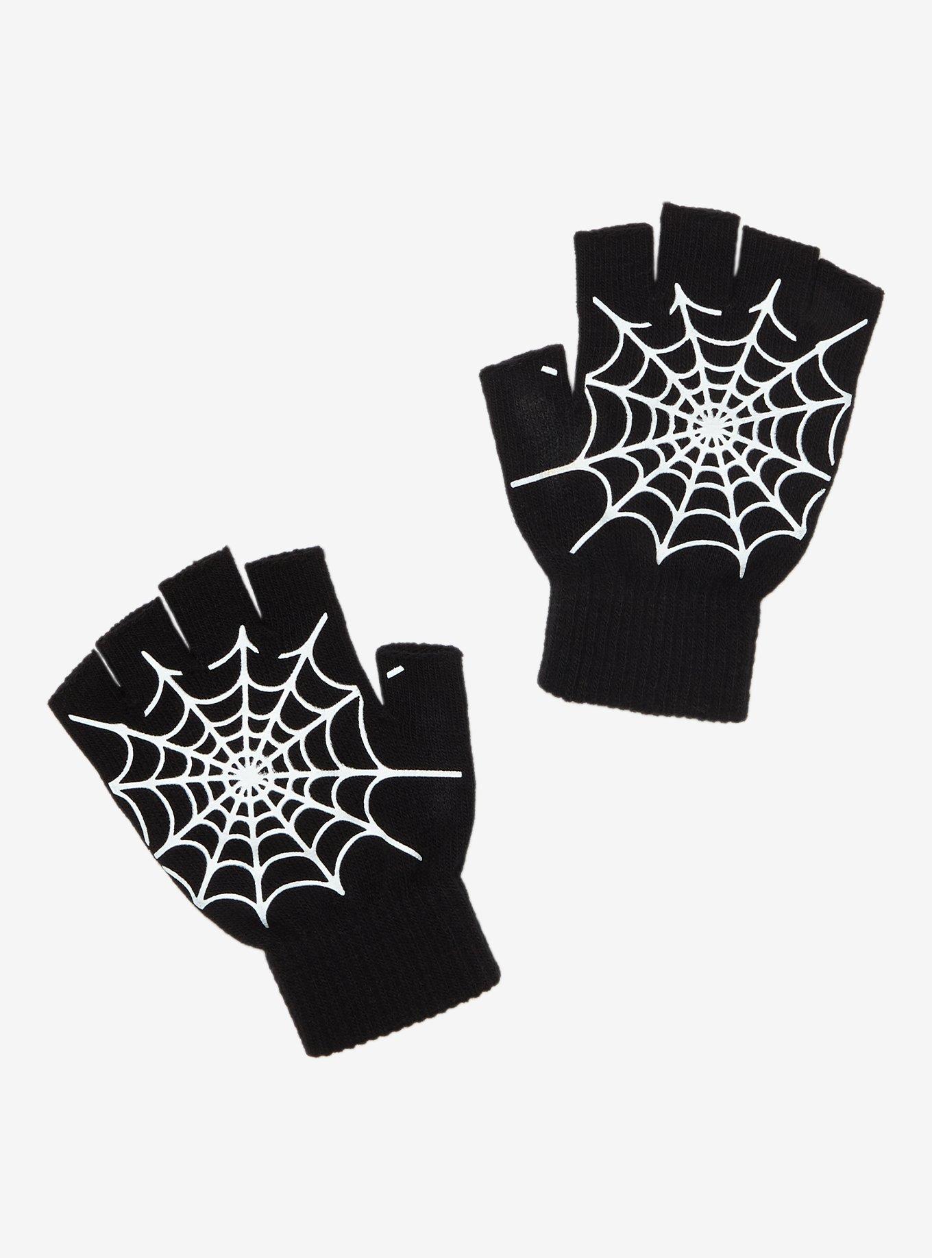 Black Spider Web Glow-In-The-Dark Fingerless Gloves, , alternate