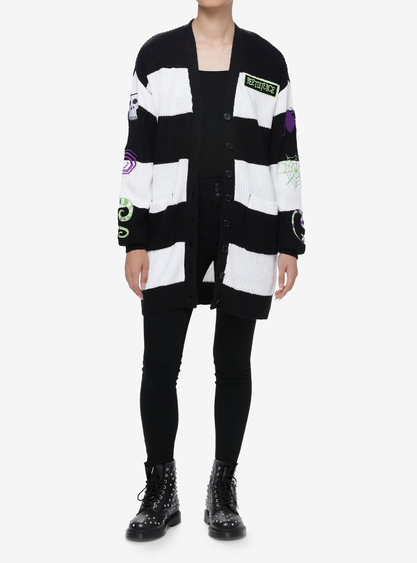 Beetlejuice Black & White Stripe Patches Girls Cardigan, MULTI, alternate